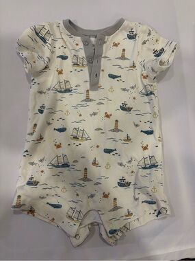 Little Me Cream Romper with Light Blue and Gray Nautical Prints